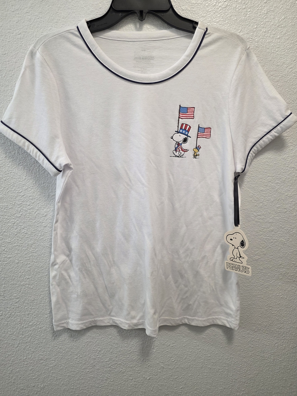 Peanuts White Tee with Navy Trim and Patriotic Snoopy Graphic